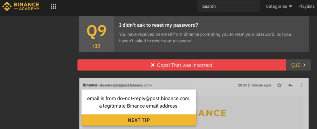 About the phishing quiz in Binance Academy